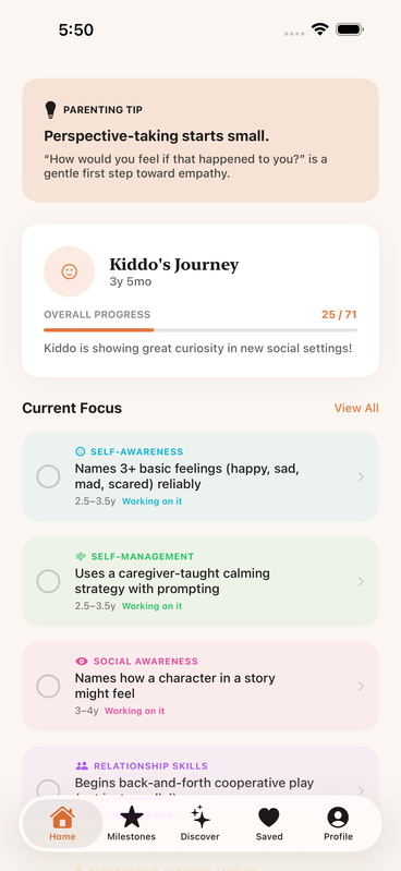 TinyFeelings home screen showing current emotional-development focus and personalized picks